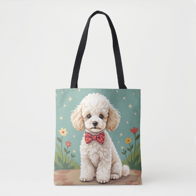 Bolsa Tote Poodle branco adorável com gravata borboleta (Frente)