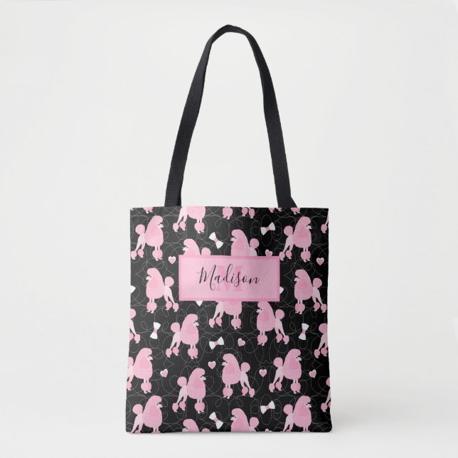 Bolsa Tote Poodles e Arcos Rosa Padrão Nome Preto Monograma (Frente)