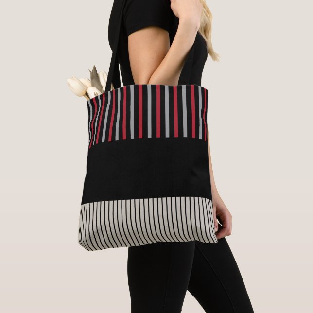 Bolsa Tote Pop de cor - Stripes vermelhas, Cinzas, preto e br (Close Up)