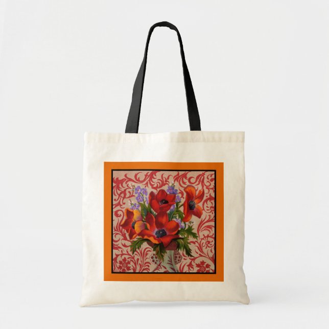 Bolsa Tote Poppies com um Saco de Toque de Borda Laranja (Frente)
