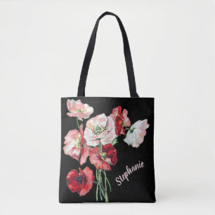 Bolsa Tote Poppies de Arte de Aquarela com Nome Cursivo Elega