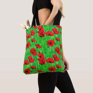 Bolsa Tote Poppies vermelhos num campo verde