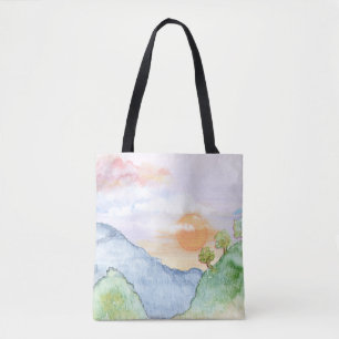 Bolsa Tote Pôr do sol em aquarela sobre montanhas e árvores 