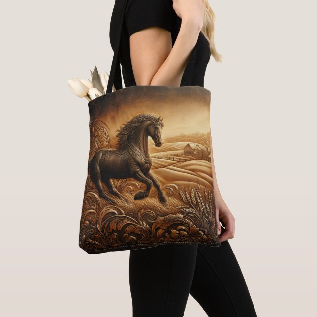 Bolsa Tote Pôr do sol no rancho de cavalos de couro (Close Up)