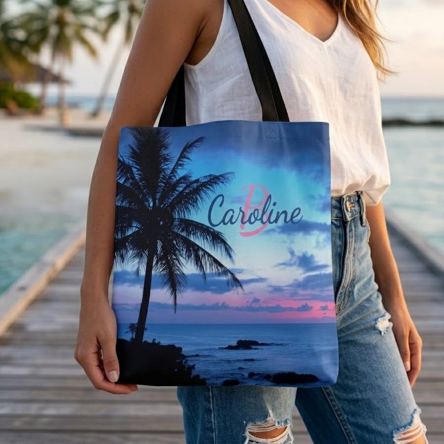 Bolsa Tote Pôr do sol personalizado na praia tropical do ocea (Criador carregado)