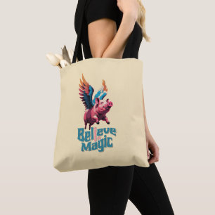 Bolsa Tote Porco bonito com asas coloridas Acredita em Mági