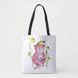 Bolsa Tote Porco Caprichoso Fofo Bebendo Café