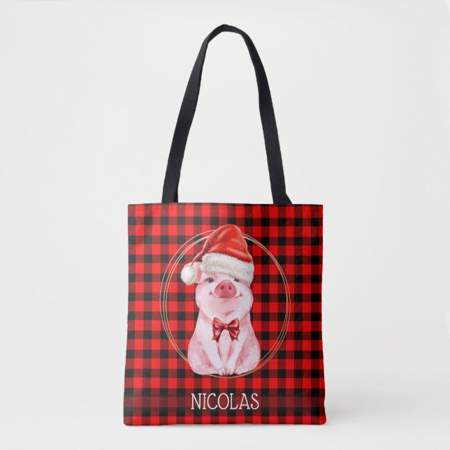 Bolsa Tote Porco De Natal Bonito Com Xadrez De Buffalo Engraç (Frente)