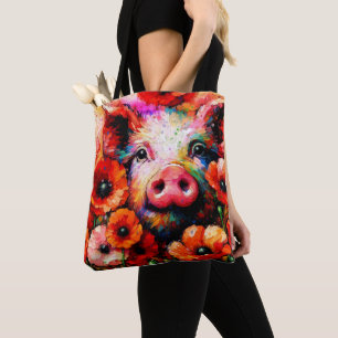 Bolsa Tote Porco Impressionista em Flores Vermelhas