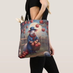 Bolsa Tote Porco Vermelho Branco e Azul e gatos fazendo compr