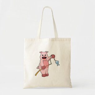 Bolsa Tote Porcos a pescar com canas de pesca e peixes