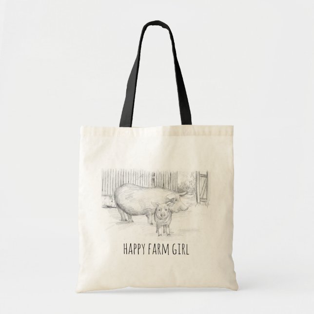 Bolsa Tote Porcos Fazenda Rapariga Barnyard Animal Desenhado (Frente)