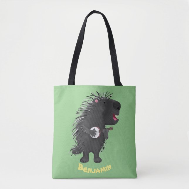 Bolsa Tote Porcupine engraçado bonito tocando cartum banjo (Frente)