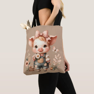 Bolsa Tote Porquinho Caprichoso com Jardineira Pastel Marrom
