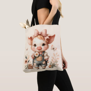 Bolsa Tote Porquinho Caprichoso em Jardineira Pastel Pêssego