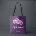 Bolsa Tote Porta-buquês de ameixa roxa-d-água<br><div class="desc">Mala de tote da na moda / madrinha de casamento / casamento outono / menina de flores elegante russa apresentando um monte de grandes flores rosas cor-de-rosa violeta cor-de-rosa sobre fundo de ameixa roxa escura. Personalize-o com o nome da dama de honra na frente e com os nomes da noiva...</div>