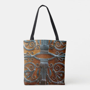 Bolsa Tote Porta funky de madeira marrom prateada