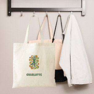 Bolsa Tote Pose de yoga redemoinha verde laranja nome retro