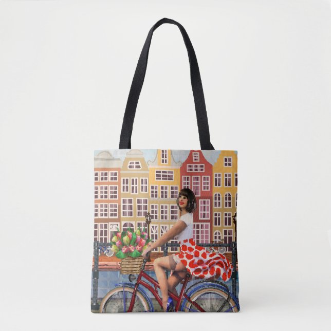Bolsa Tote Poster de Amsterdã: Batida-Pino Menina A Bicicleta (Frente)