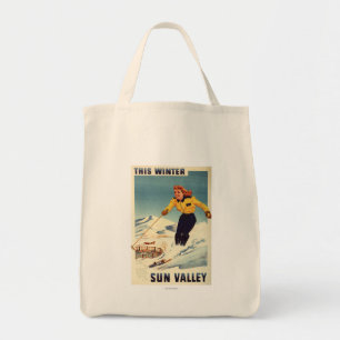 Bolsa Tote poster de sorriso e de esqui da mulher