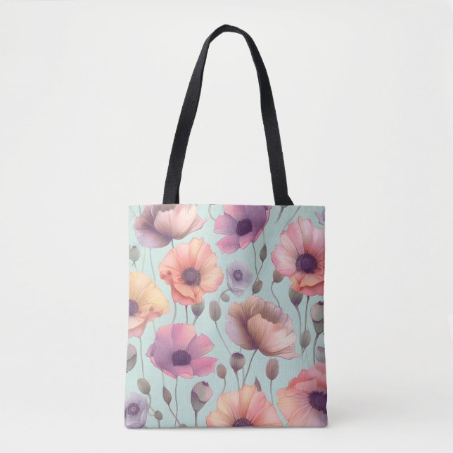 Bolsa Tote Potência da flor com padrões de papoila pastel (Frente)