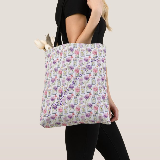 Bolsa Tote Potes de Pedra Purple Flores Rosa (Close Up)