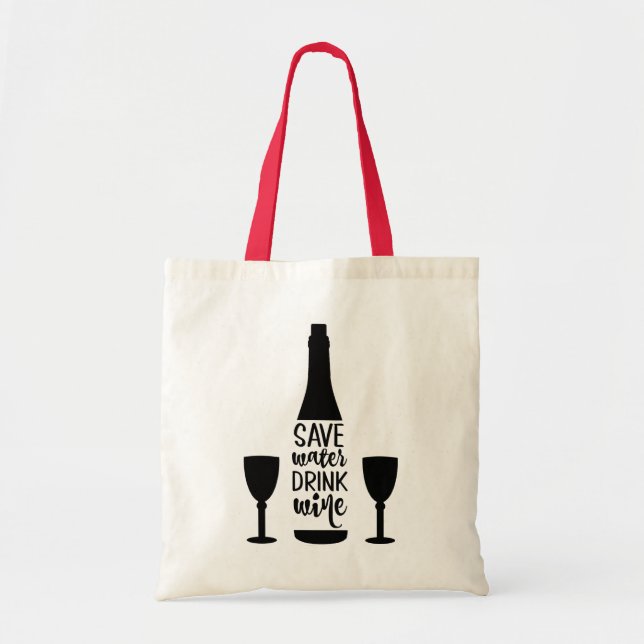Bolsa Tote Poupe Água Bebida Vinho Preto Garrafa Dois Óculos (Frente)