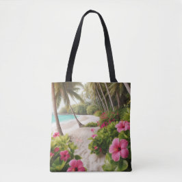 Bolsa Tote Praia Arenosa Flores de Hibisco Rosa Tropical