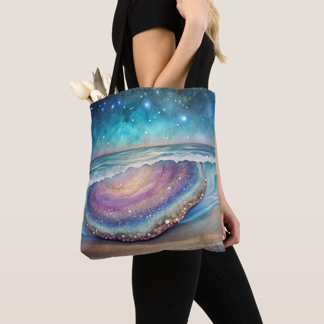 BOLSA TOTE PRAIA DE VERÃO COM TEMA DE GEODO ABSTRATO ROXO (Close Up)