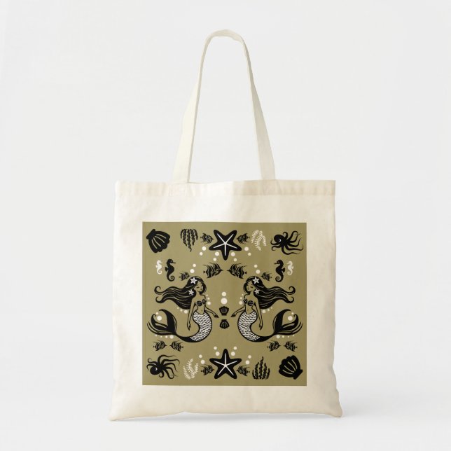 Bolsa Tote Praia Dourada de Sereia para Crianças (Frente)