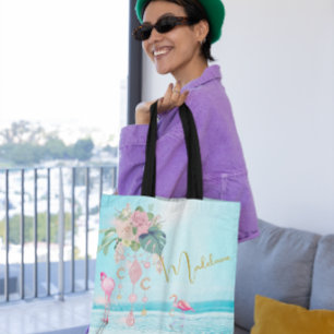 Bolsa Tote Praia Oceano Flamingo Jóias Bonito Rosa