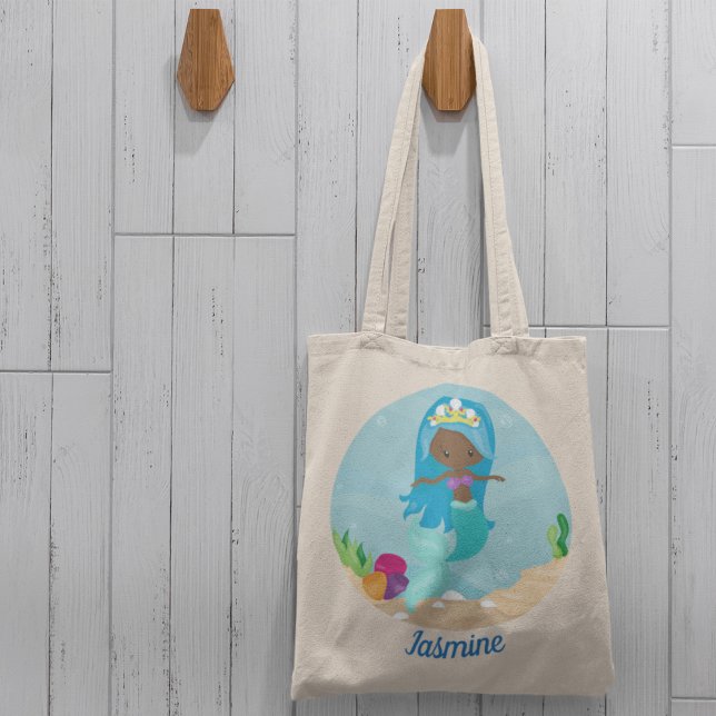 Bolsa Tote Praia Personalizada de Uma Menina De Sereia Afro-A (Criador carregado)