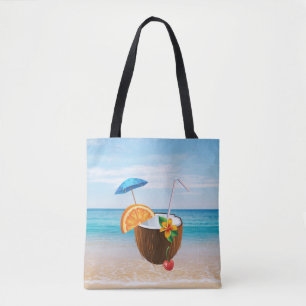 Bolsa Tote Praia Tropical, Céu Azul, Areia Oceânica, Coctail