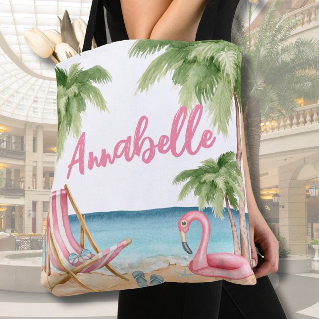 Bolsa Tote Praia Tropical de Cama Cinzenta Rosa-Rosa (Cute Watercolor Tropical Beach Tote Bag)