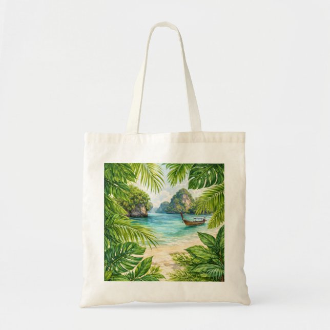 Bolsa Tote Praia Tropical Krabi Tailândia Barco Longtail (Frente)