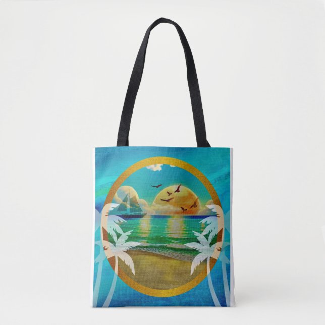 Bolsa Tote Praia Tropical Moderna Palmeiras Pôr do Sol Férias (Frente)