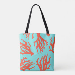 Bolsa Tote Praia Tropical Padrão de Coral, Turquesa Vermelho