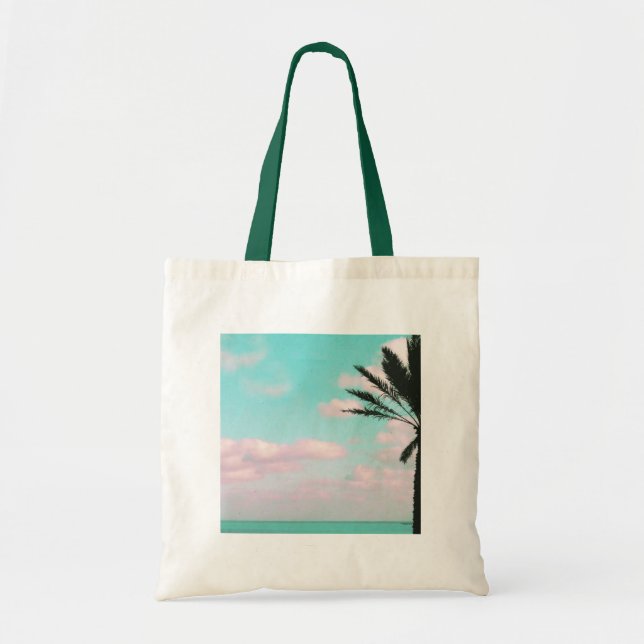 Bolsa Tote Praia Tropical, Vista Oceânica, Nuvens Rosa, Palma (Frente)