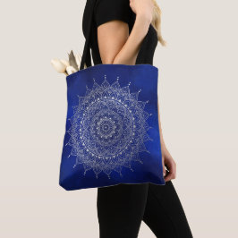 Bolsa Tote Prata elegante no Floral Azul Profundo Henna Manda