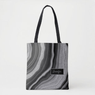 Bolsa Tote Prata Moderna Cristal de Ágata Preta Nome Personal