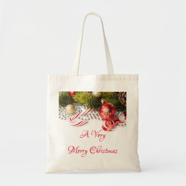 Bolsa Tote Prata Verde Vermelha E Decorações De Natal (Frente)