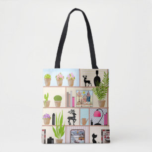 Bolsa Tote Prateleiras com flores, livros e decorações