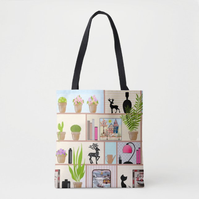 Bolsa Tote Prateleiras com flores, livros e decorações (Frente)