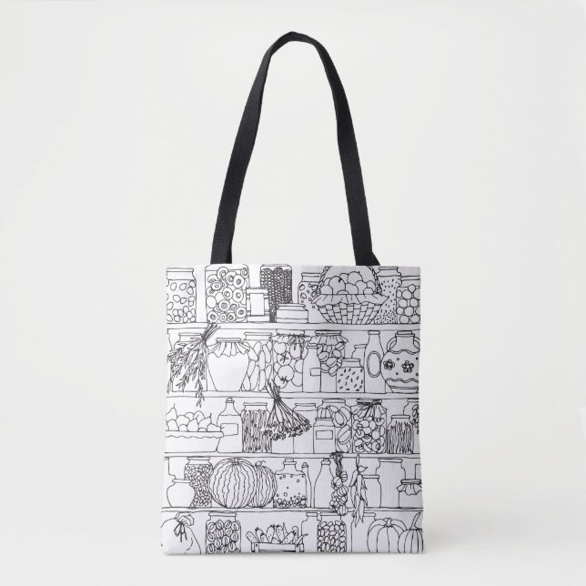 Bolsa Tote Prateleiras com latas: desenho. (Frente)