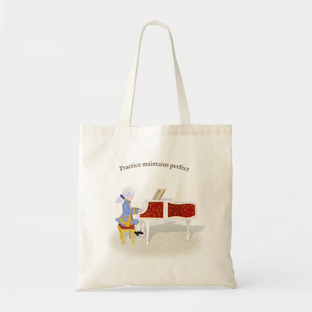 Bolsa Tote "Prática Mantém Perfeito" Mozart Tocando Piano (Frente)