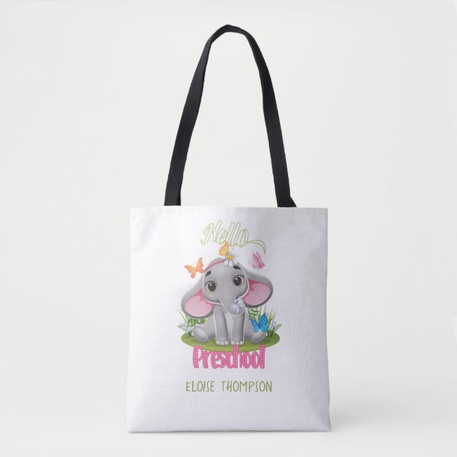 Bolsa Tote Pré-escola de elefante de borboleta de volta à esc (Frente)