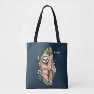 Bolsa Tote Preguiça e Folhas Tropicais em Aquarela Fofa