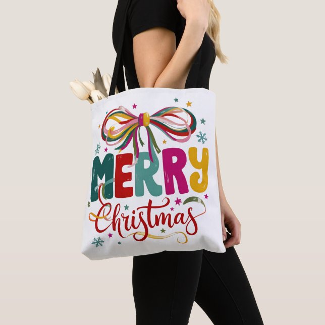 Bolsa Tote Preppy Natal Alegre Coquette Laço Xmas  (Close Up)