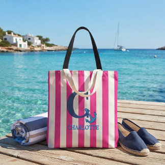 Bolsa Tote Preppy Pink Nautical Striped Monogram Anchor