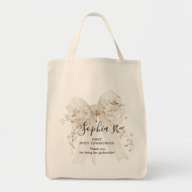 Bolsa Tote Presente da Madrinha Primeira Comunhão Laço Branco (Frente)